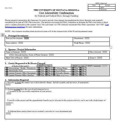 Snapshot of Cost Allowability Form