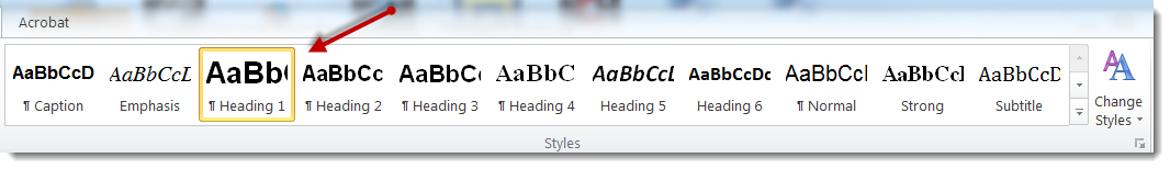 Styles pane in Word showing heading selections