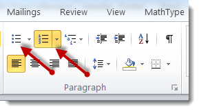 Ordered and unordered list icons in the Paragraph pane