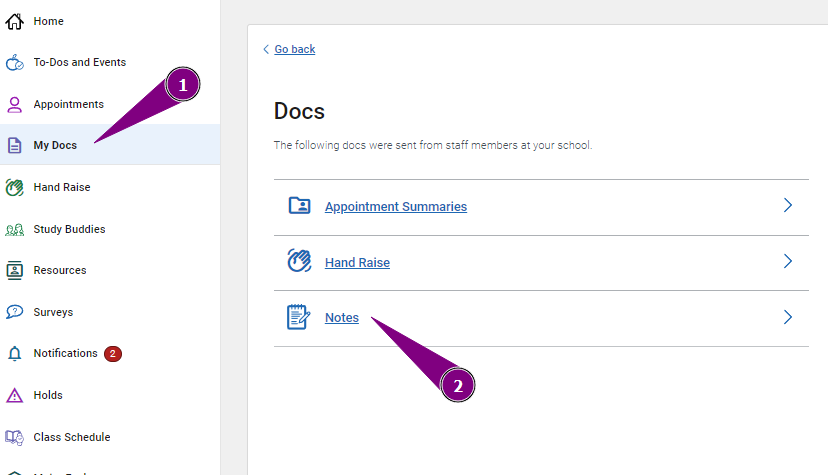 Select the My Docs menu item and then choose Notes to view information your advisor may have shared with you.