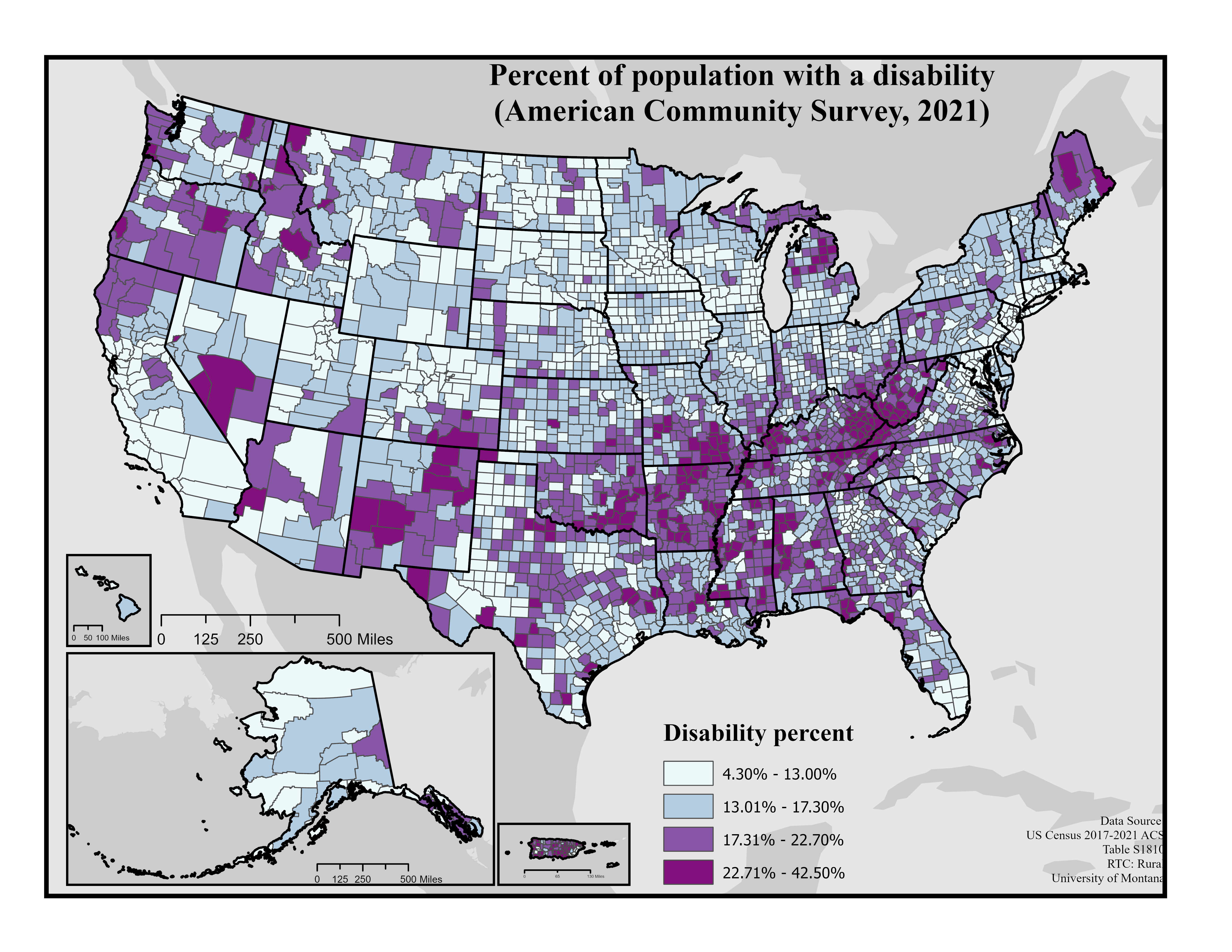 Color coded map of disability rates based on the 2021 American Community Survey.