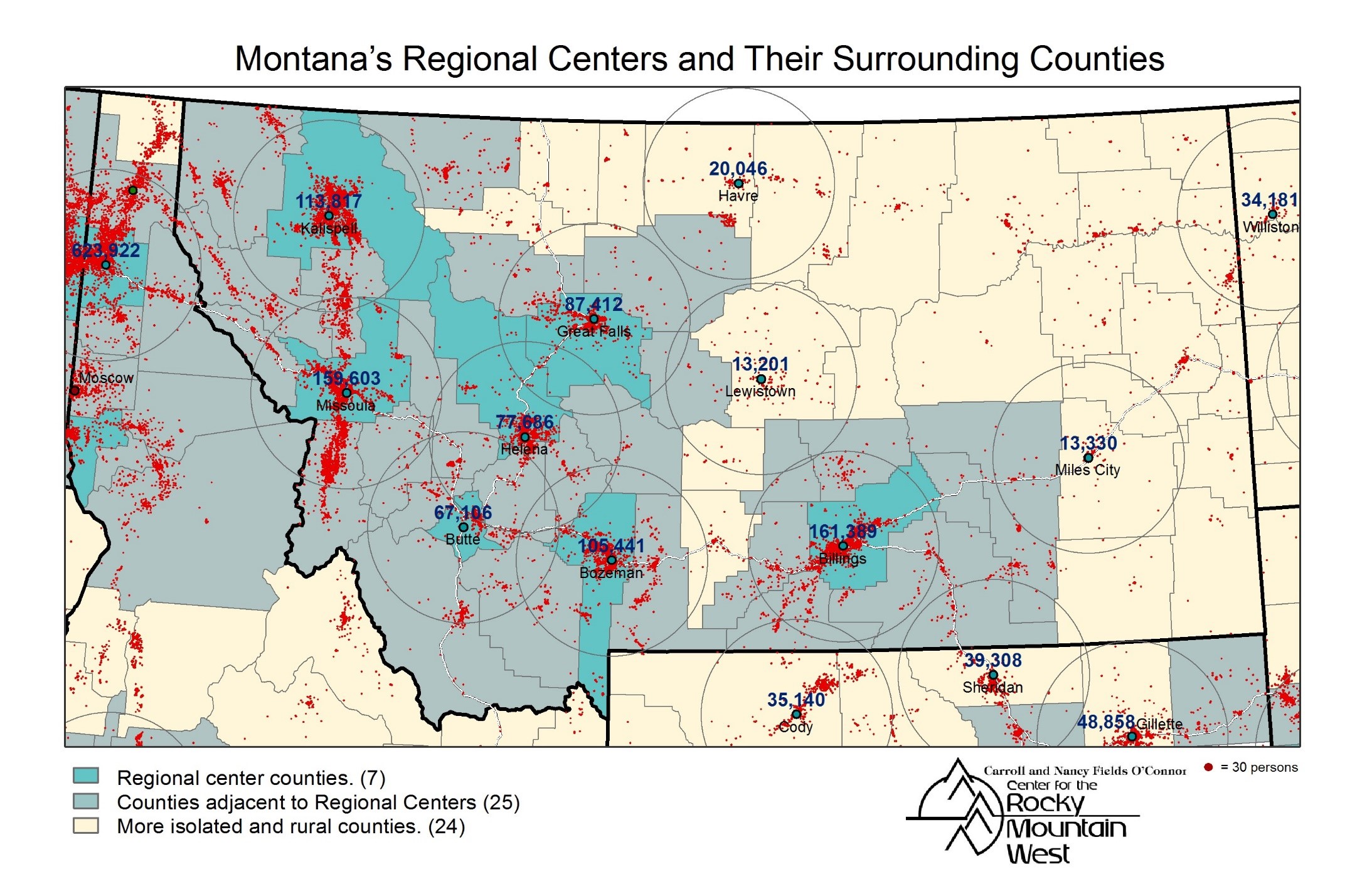 Map of Montana's Regional Centers and Their Surrounding Counties 