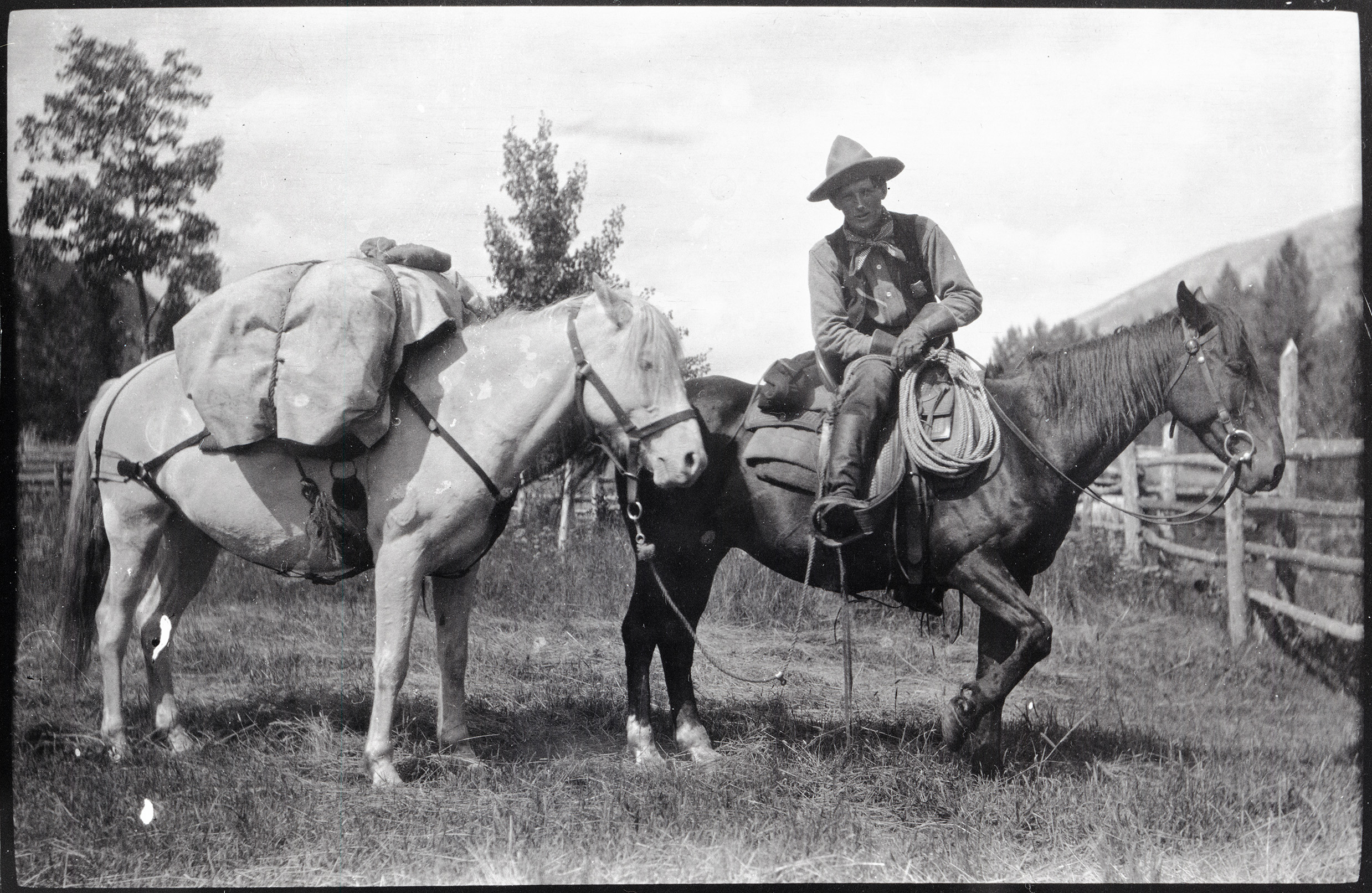 Ranger Clyde Fickes sits atop his horse, with another pack horse, in a meadow near the ranger station