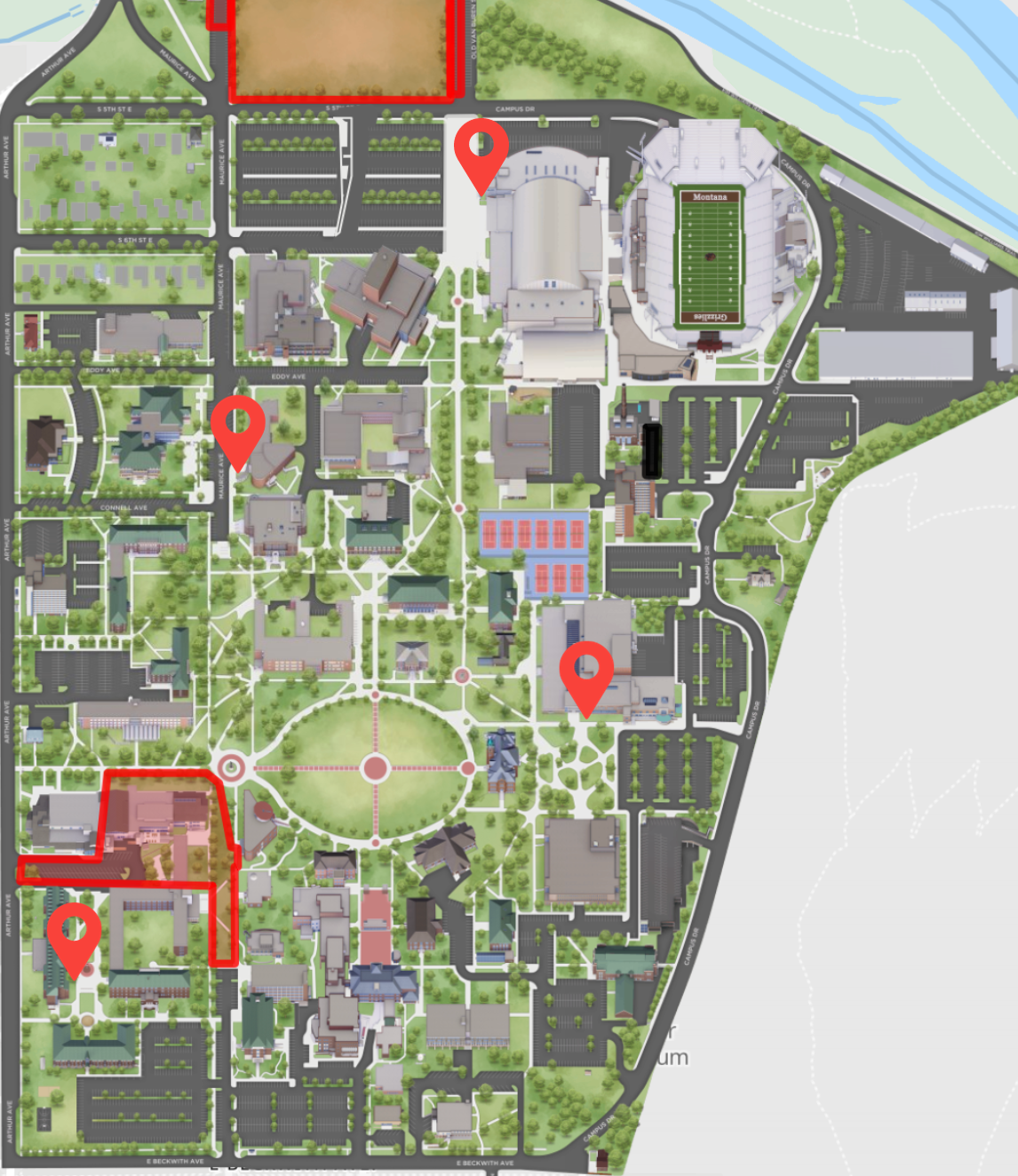 Map of UM campus with bike tune-up locations marked