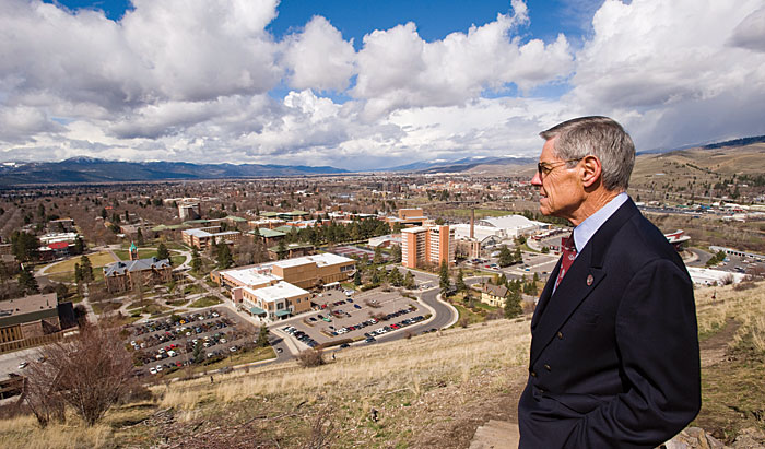 UM President George M. Dennison gazes down on campus from the M Trail.