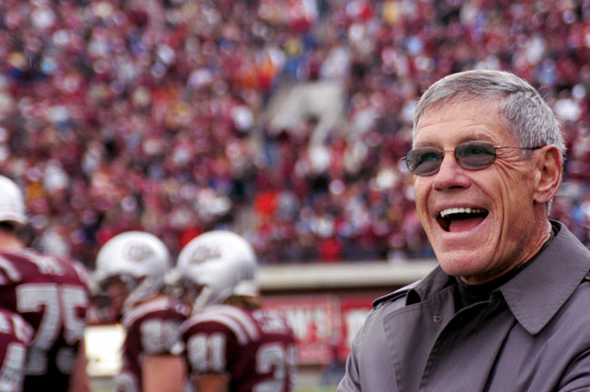 President George M. Dennison enjoys another Griz victory in Washington-Grizzly Stadium on Oct. 20, 2007. Dennison often roamed the sidelines, and the football team was 212-55 during his tenure. On this particular day, the Griz defeated Northern Colorado 52-7.