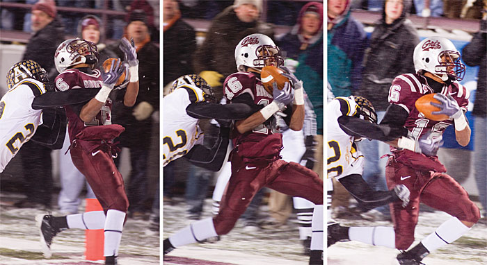Magic Moment: Jabin Sambrano, a sophomore wide receiver for the Grizzlies, makes the winning catch in a 24-17 Griz victory over the Appalachian State Mountaineers on Dec. 12 at Washington-Grizzly Stadium.
