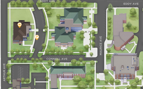 A digital map of the UM campus with a focus on the Gilkey Building, where Admissions is located