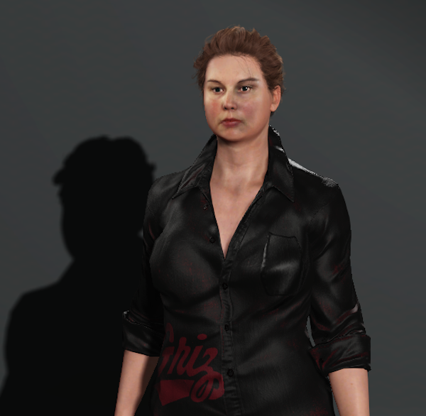 3D-rendered woman with hair pulled back, wearing a black button-up shirt, standing against a dark gray background with a cast shadow.