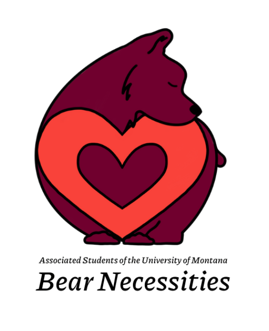 ASUM Bear Necessities office logo, a cartoon bear standing behind a red cartoon heart