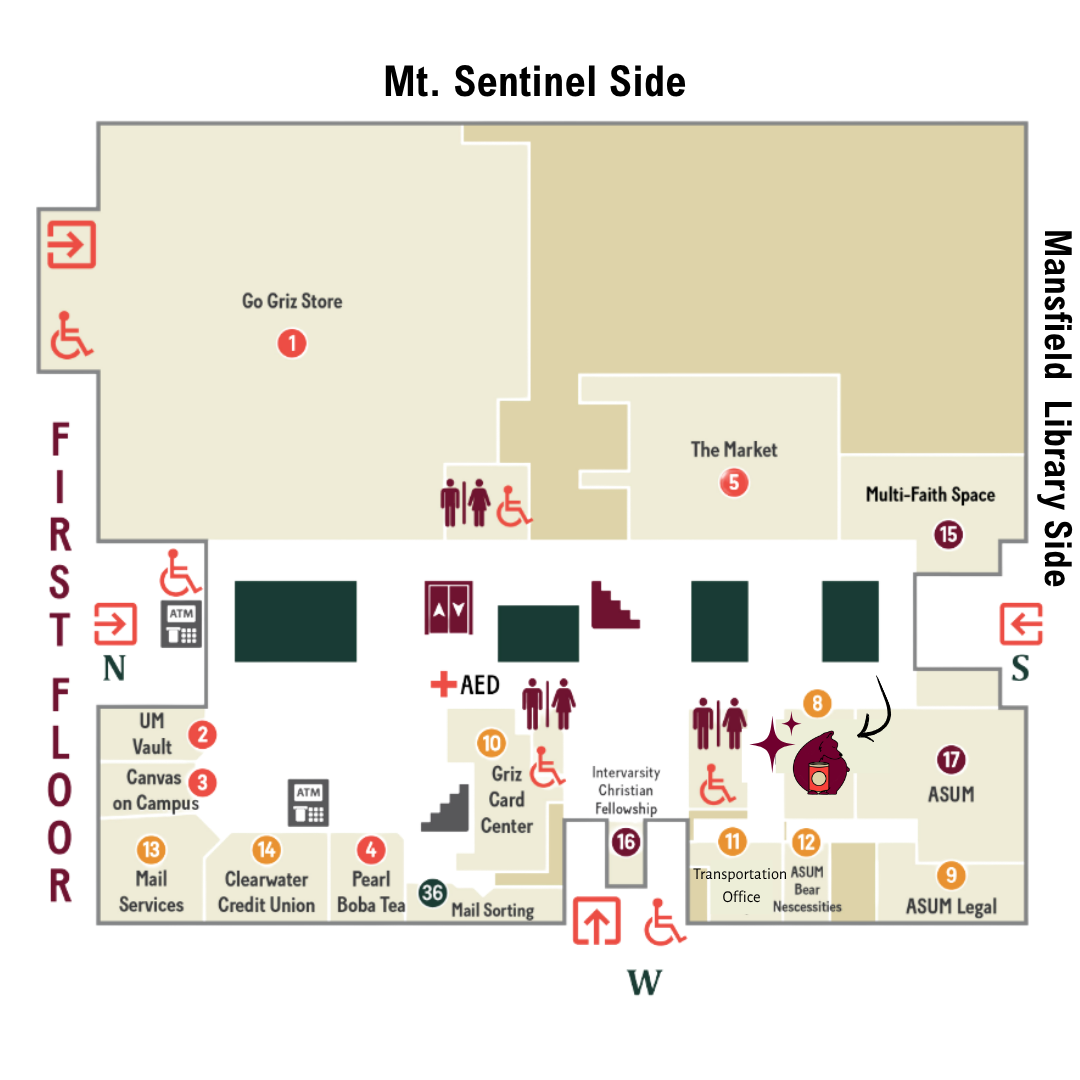 A map of the first floor of the University Center, with an arrow indicating where the Food Pantry is located within the ASUM Office Suite