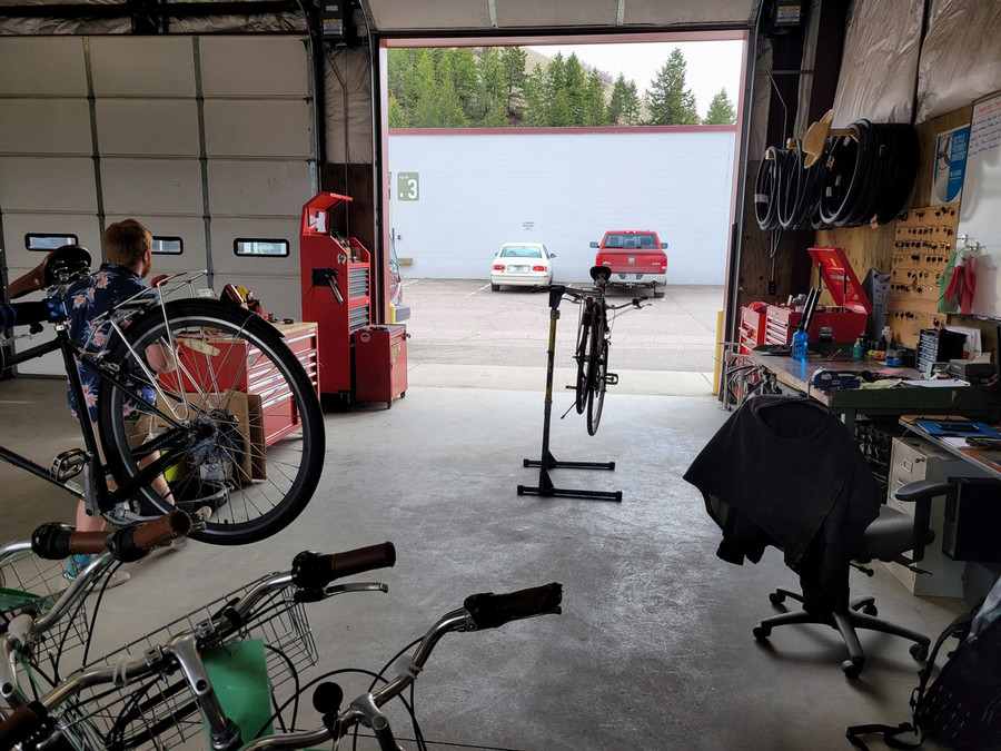 bike and bike mechanic in bike garage