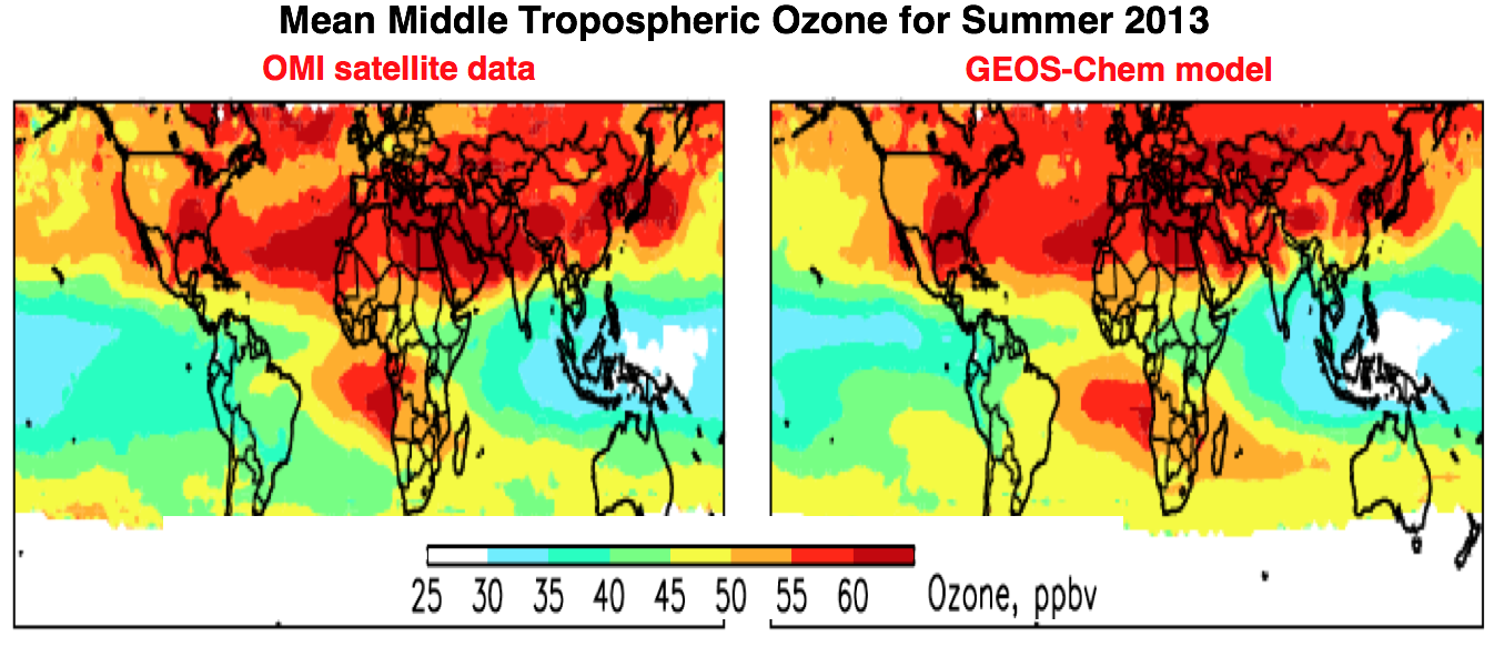 Observed and simulated tropospheric ozone for summer 2013