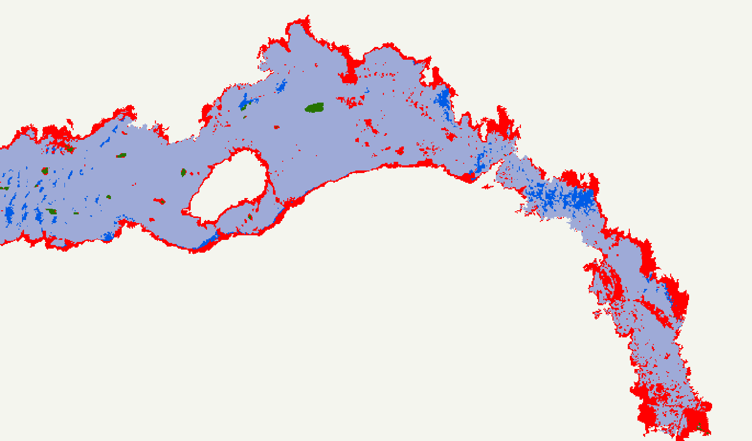 Classified image of a section of river to show macrophytes, water and bank