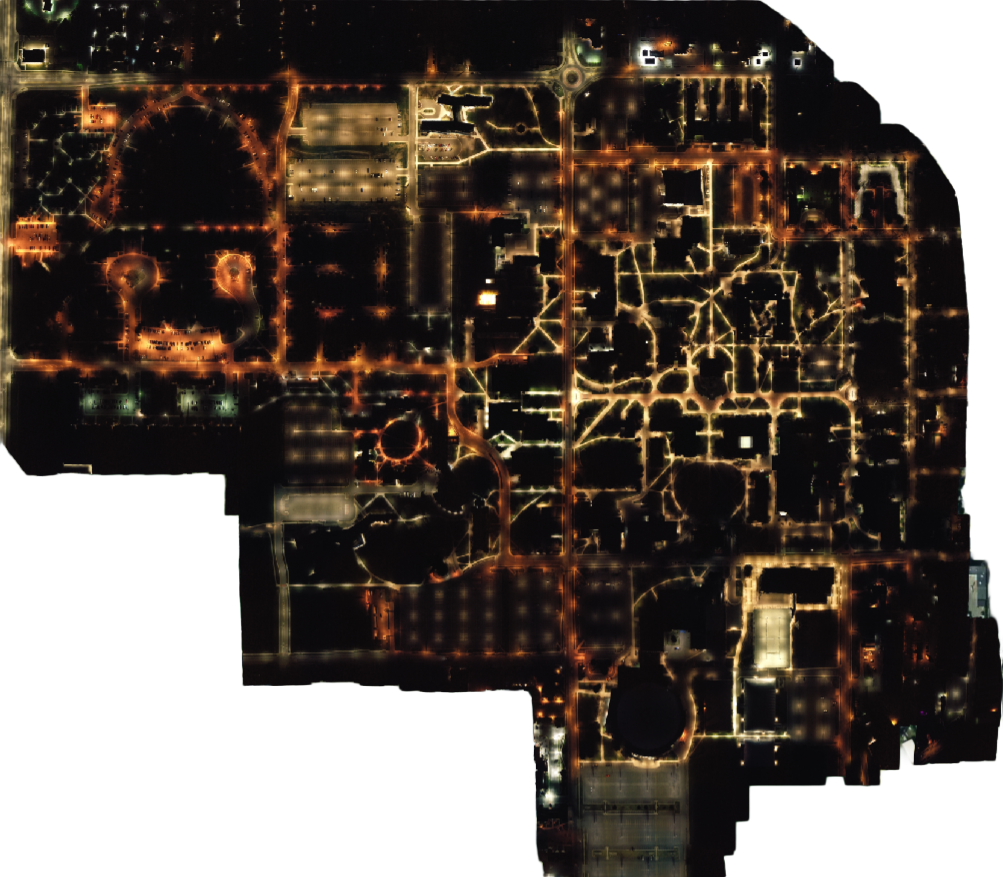 Aerial view of the Montana State University campus at night