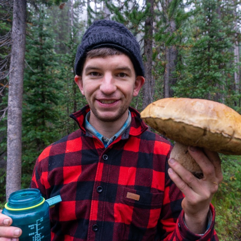 Collin Peterson holding a mushroom in field