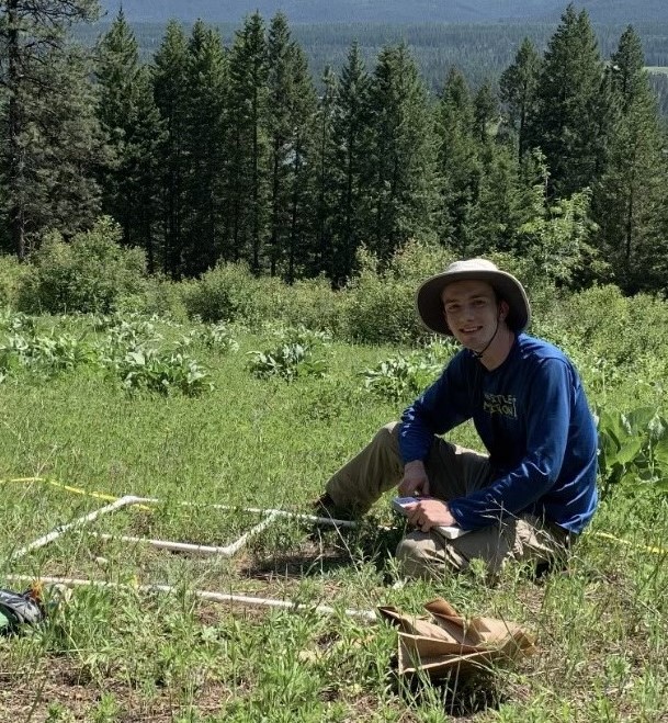 Trevor Weeks completing a vegetation plot as part of research on elk forage resources near Noxon, MT