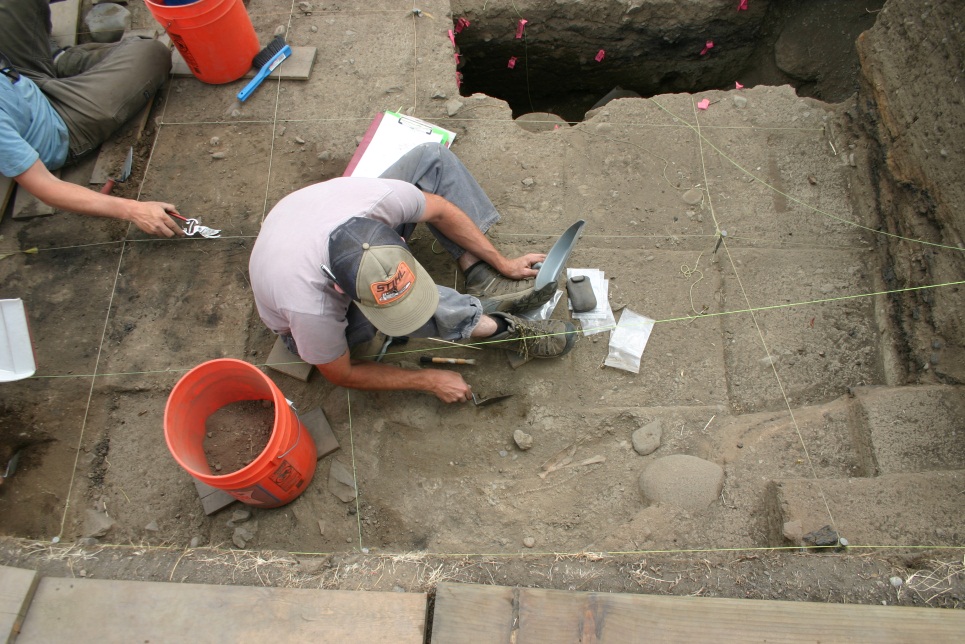 Dr. Matthew Walsh carefully excavating soil within a gridded dig site, using small tools and buckets.