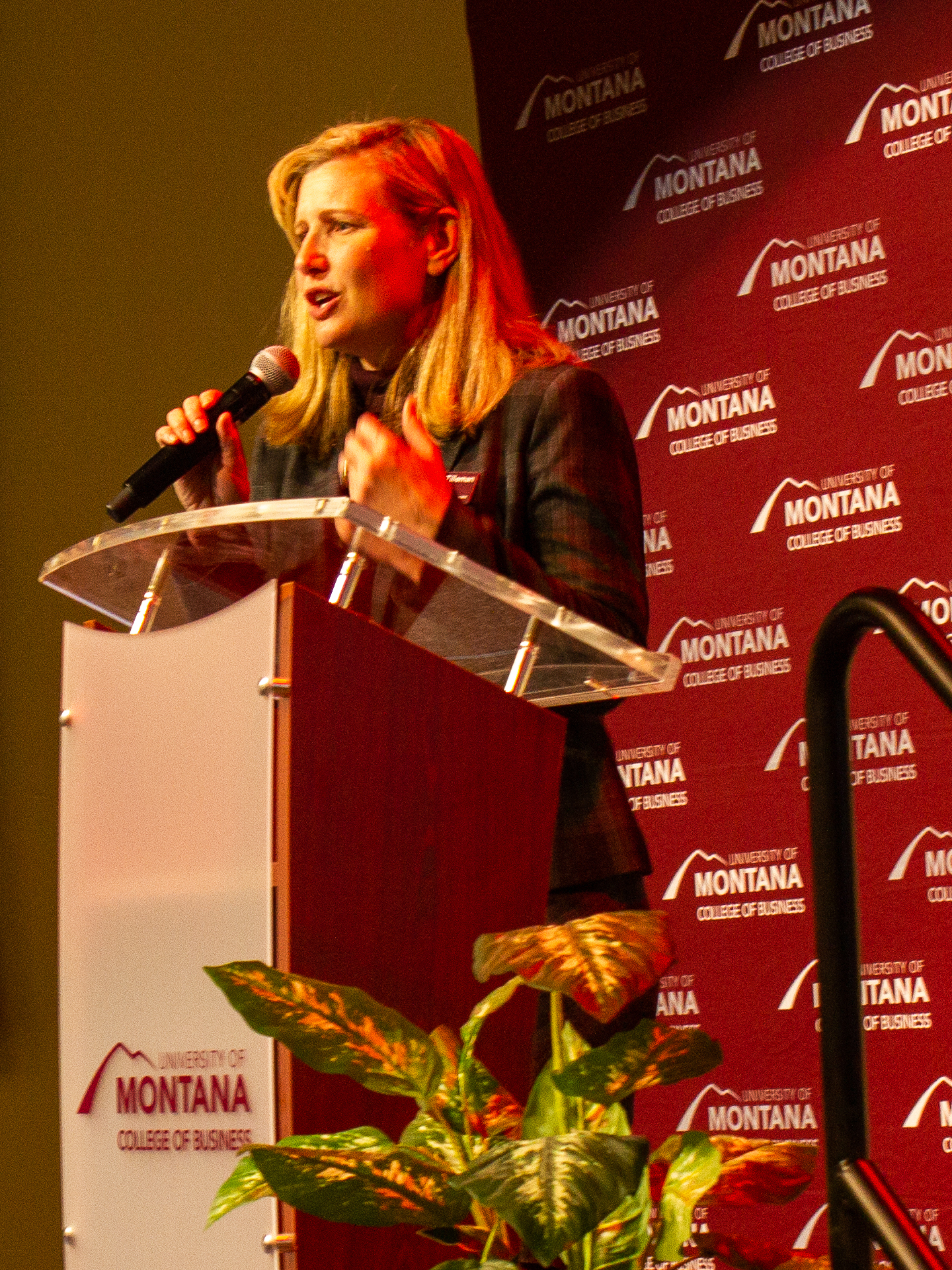 Dean Suzanne Tilleman speaking at a podium