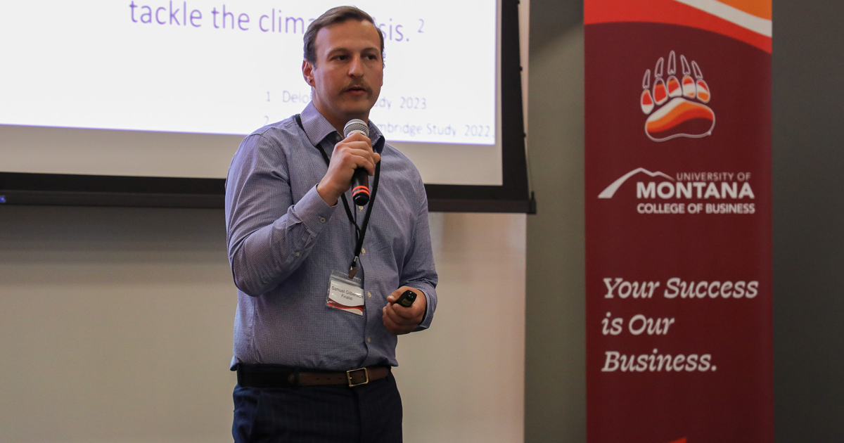 UM’s Samuel Gilbertson presents at the 2023 John Ruffatto Startup Competition