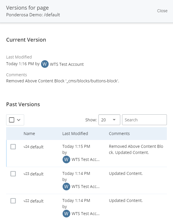 Screenshot of versions list on Cascade