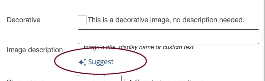 insert image dialog box in Cascade, with the AI alt text Suggest button highlighted in a red circle