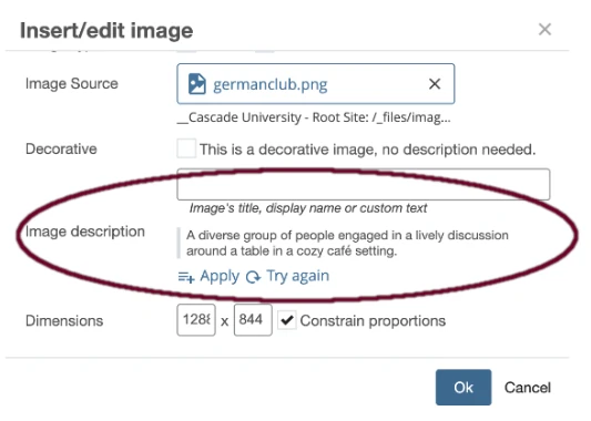 example of insert/edit image dialog in Cascade CMS with AI alt text generation options circled