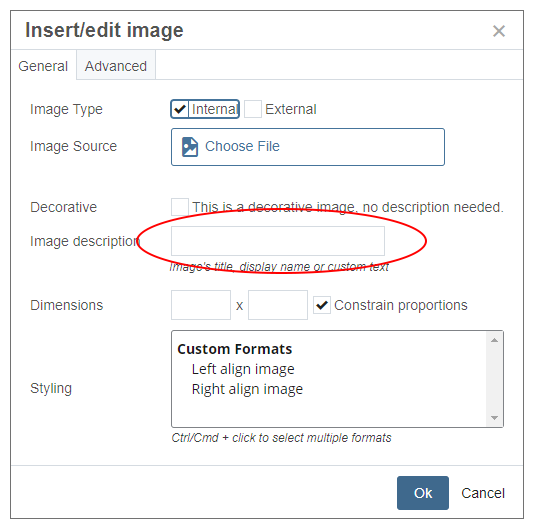 Screenshot of Insert/edit image with Image description field highlighted
