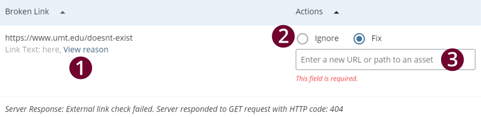 Screenshot of broken link content check in Cascade