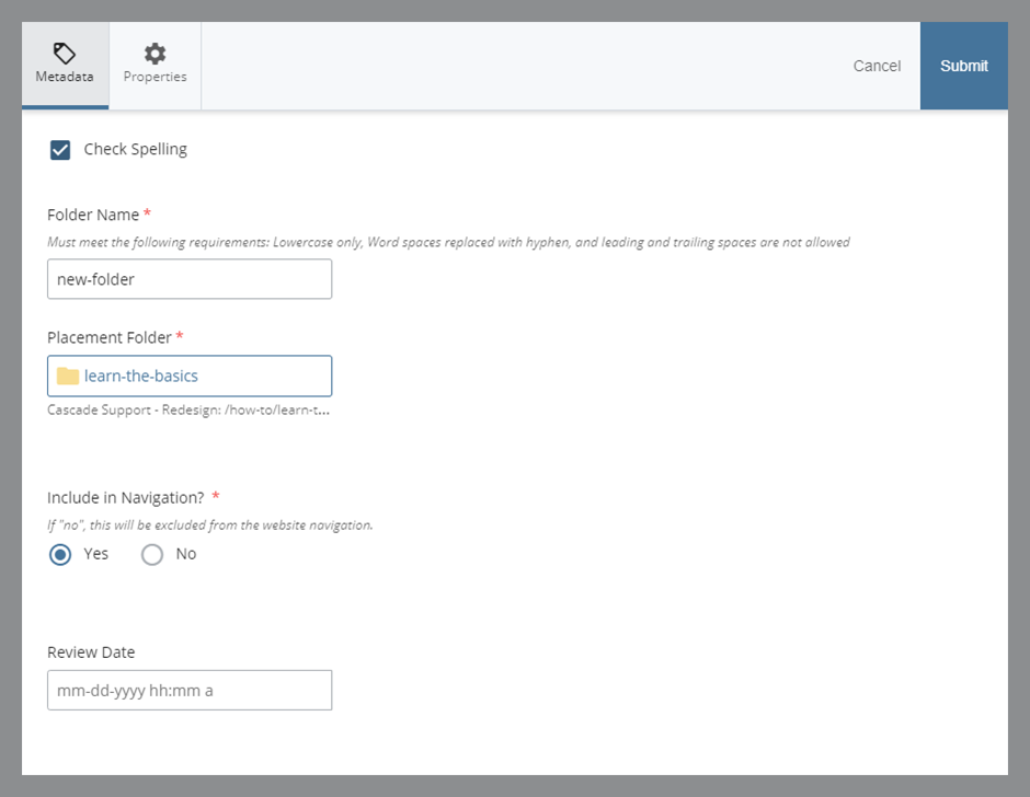 Screenshot of the Create Folder dialogue box