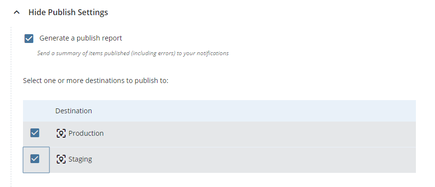 Screenshot of publishing destinations in Cascade