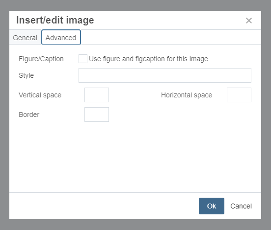 Screenshot of Advanced tab of Insert/edit image window