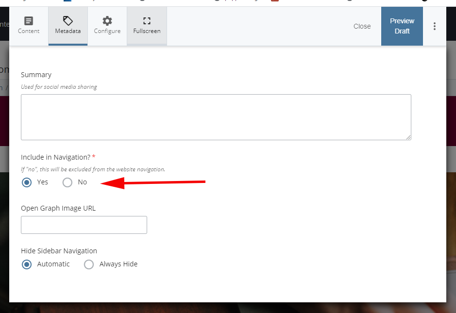 Screenshot of excluding a page functionality in Cascade