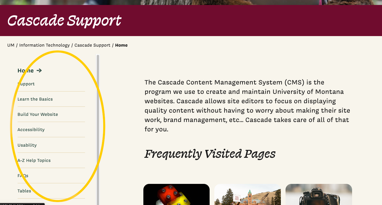 Screenshot of University of Montana webpage demonstrating how crowded a navigation is with nine or more items.