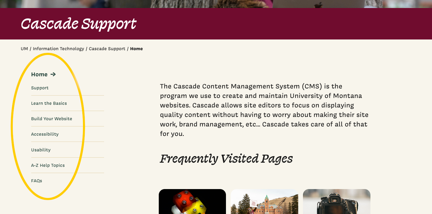 example of a UM websites left hand or main navigation