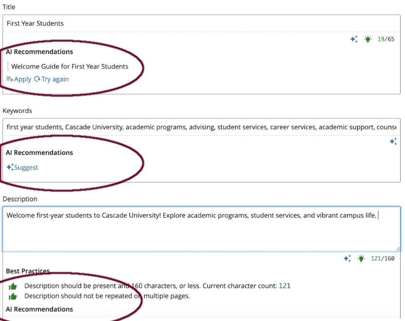 screenshot of metadata area of a page in Cascade CMS with the AI suggestion areas circled