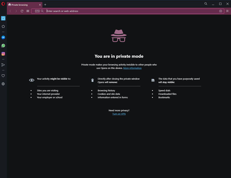 Example of Opera private browser