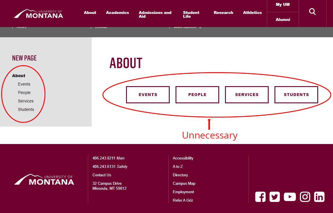 Screenshot of a University of Montana incorrectly using buttons to recreate a site's navigation