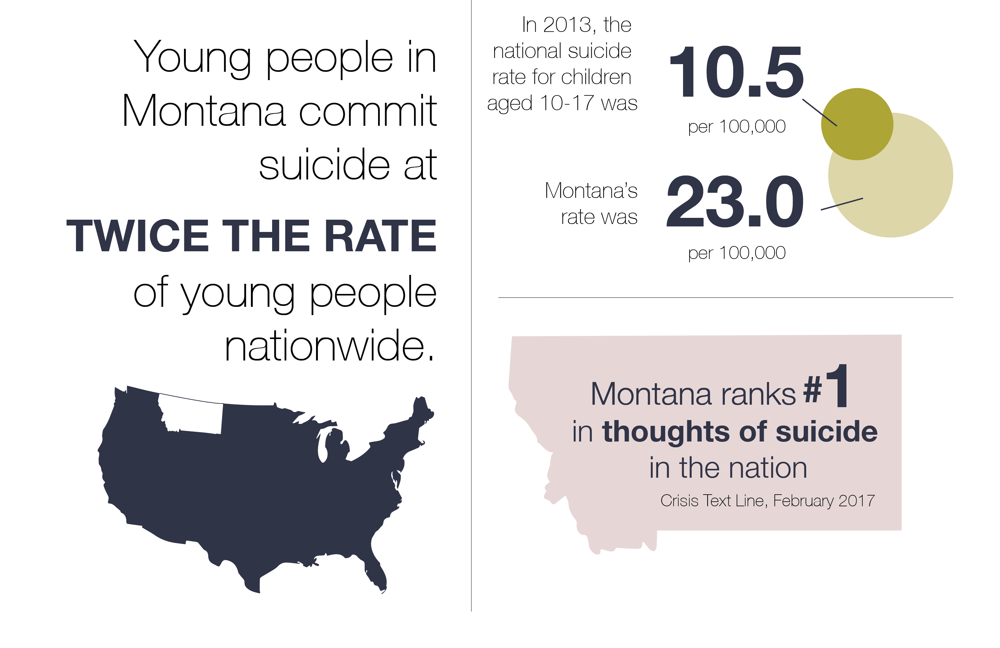 Young people in MT commit suicide at Twice the rate of young people nationwide. MT's rate of children suicide per 100,000 was 23 in 2013. The US's was 10.5.