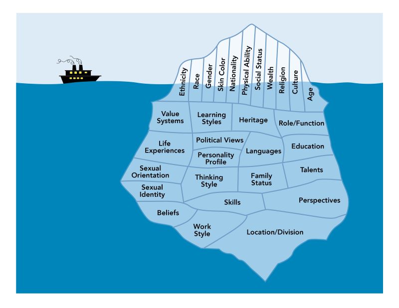 Iceberg_Graphic with words on it: skin color, gender, race, age , ethnicity, wealth, culture, religion, physical ability, nationalality,