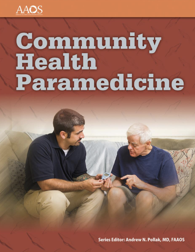 Cover design for "Community Health Paramedicine," featuring a paramedic assisting an elderly man.