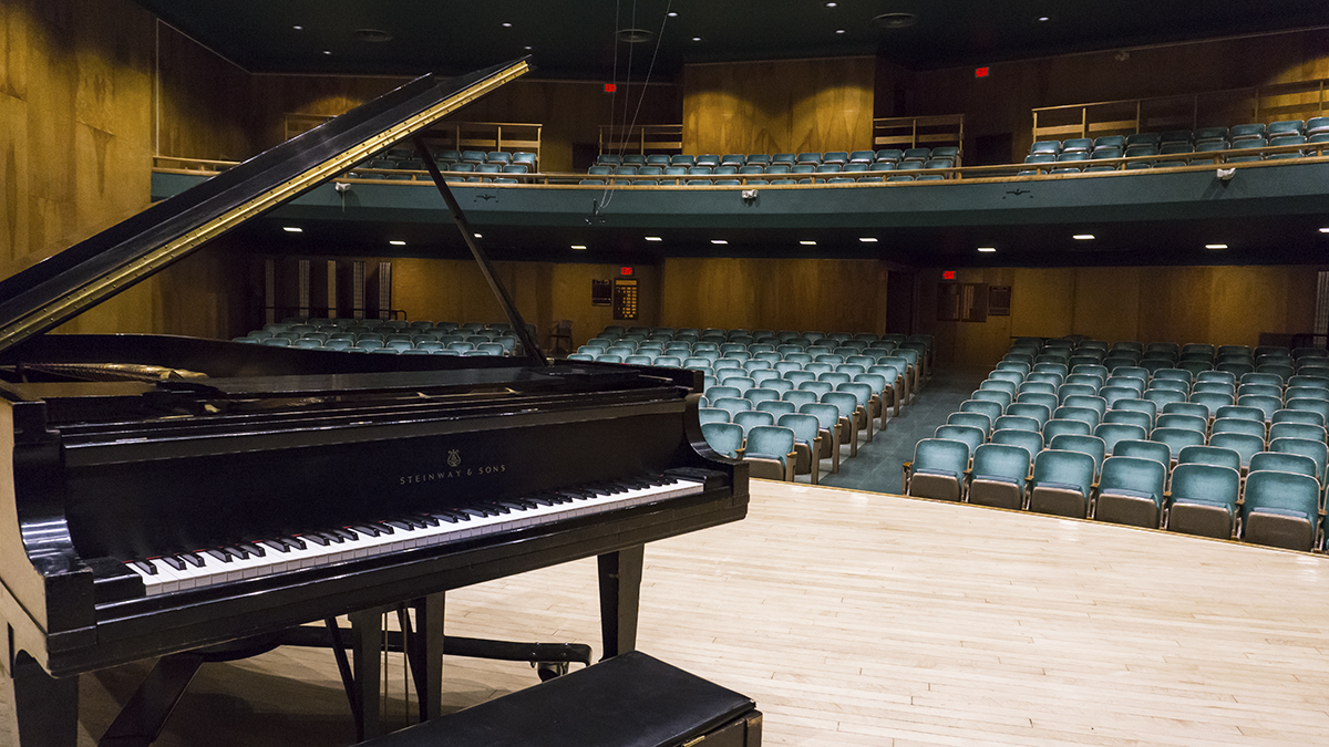 University of Montana's Music Recital Hall with a 12-foot Steinway grand piano on the stage