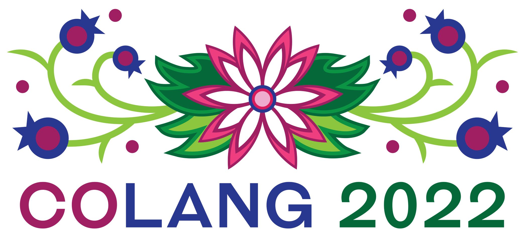 CoLang 2022 logo, with centered flower with stems and buds eminanting from it