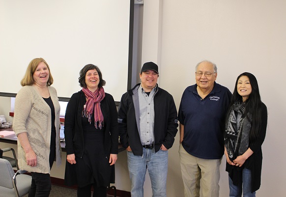 Susan Penfield, Leora Bar-el, Mike Turcotte, Richard Littlebear, and Mizuki Miyashita standing in a row posing for the camera