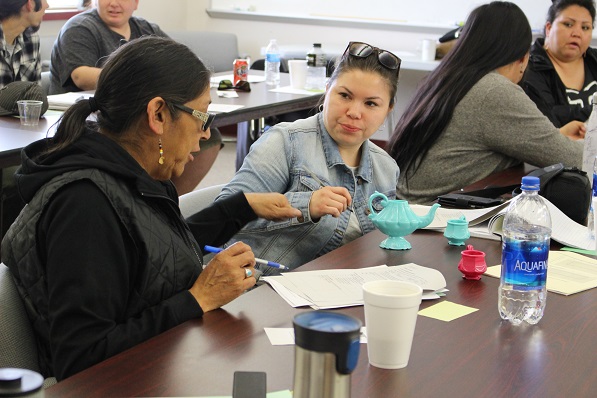 students working in groups of two with a group in the foreground with a colorful tea set