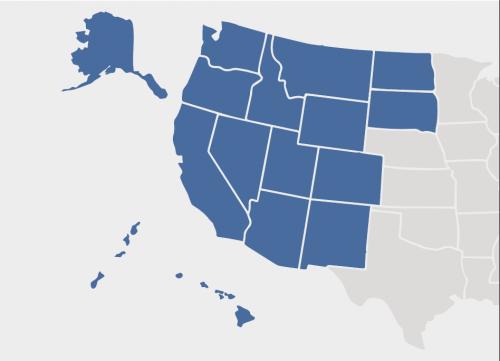A map of the WICHE region, which includes many Western states (such as Wyoming, Idaho, California, etc.)