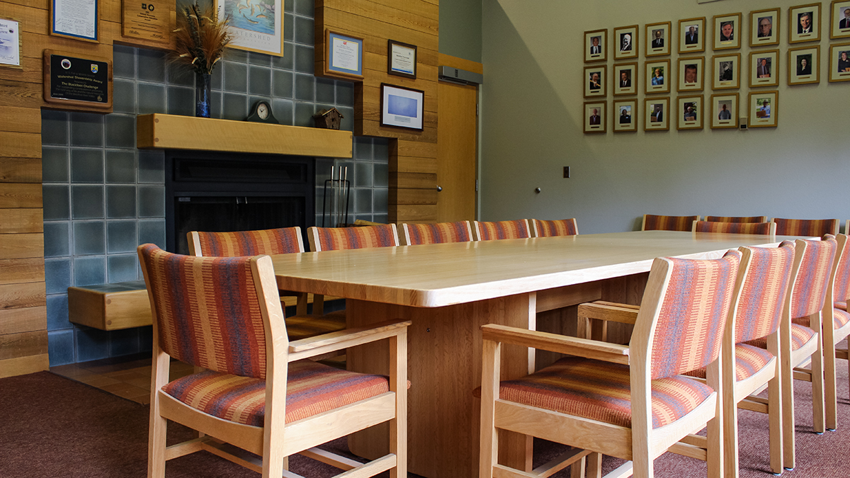Lubrecht conference room with lots of natural light and a fireplace