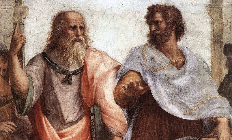 Detail from a Renaissance fresco showing two bearded philosophers in robes facing each other, one gesturing upward and the other holding a hand out.