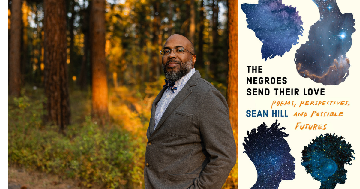 Sean Hill standing in the woods and the cover of his new book
