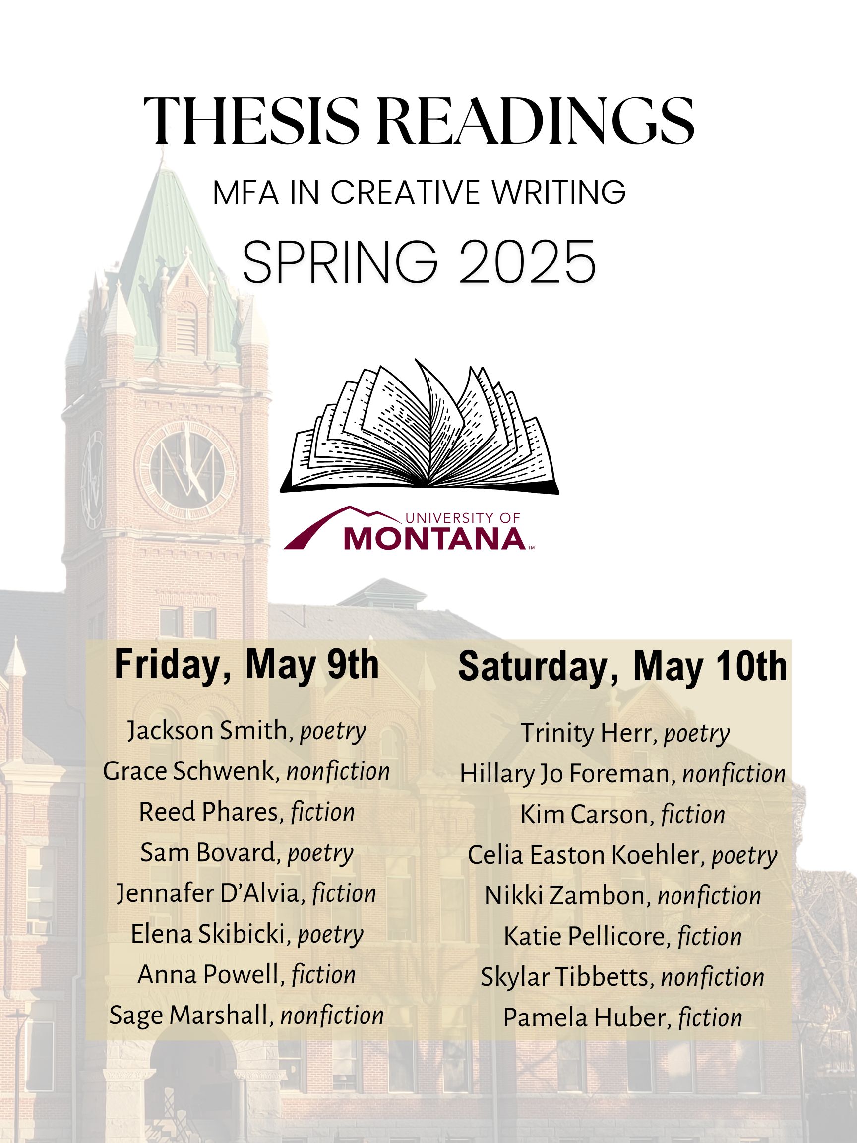 Flyer listing the graduate student thesis presenters and their respective genres.